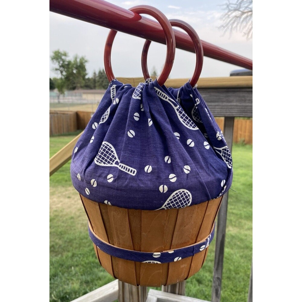Vtg Basket Purse Navy White Tennis Theme Basket Satchel Bag Tote Carry All OOAK